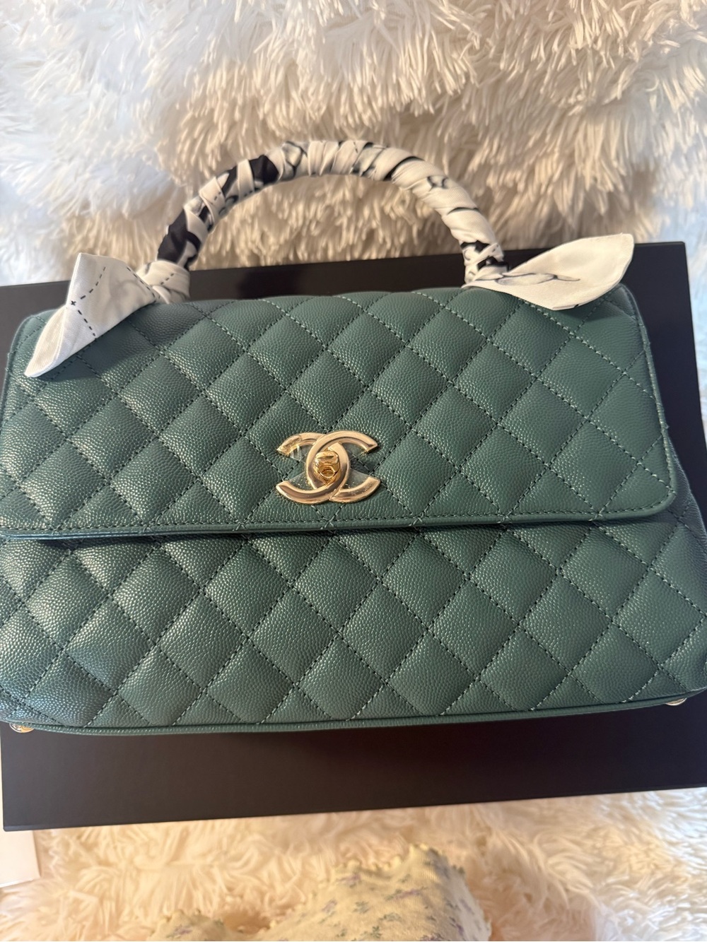 CHANEL Quilted Top Handle Satchel in Teal with Gold Hardware